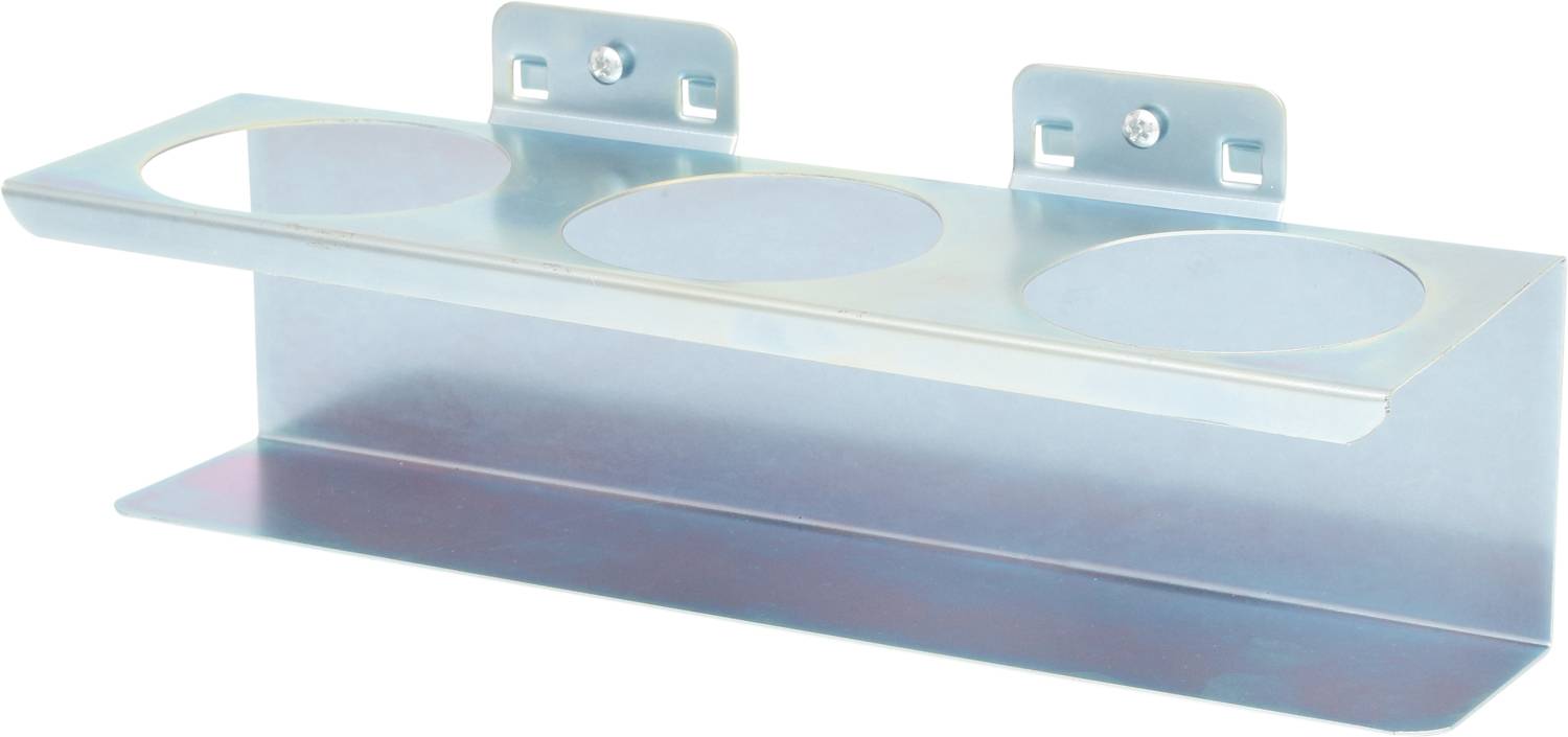 Metalen houder met drie ronde uitsparingen voor wandmontage, geschikt voor het opbergen van flessen of containers.