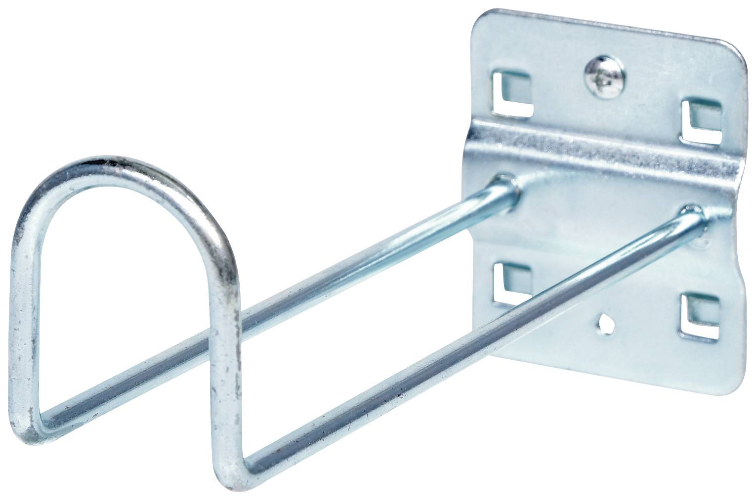 Metalen wandhouder met twee gebogen staven voor opslag of organisatie, geschikt voor voorwerpen zoals tuinslangen.