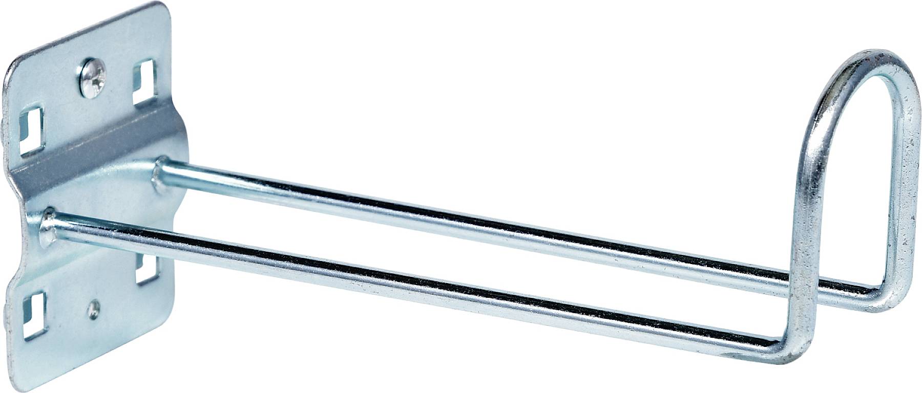 Metalen haken voor wandmontage, bestaande uit twee parallelle stangen en een gebogen steun aan het uiteinde.