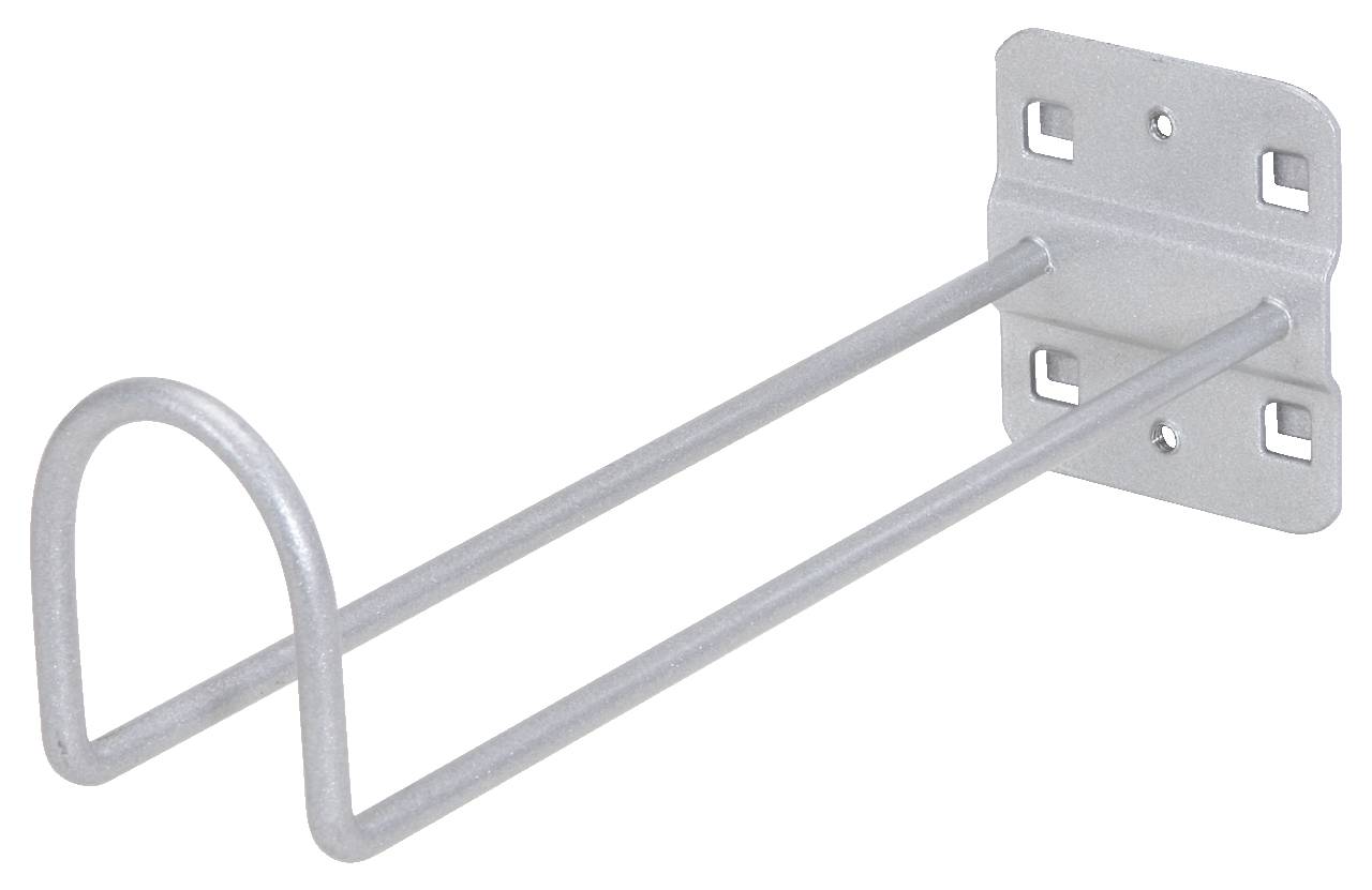 Metalen haken voor wandmontage, geschikt voor het ophangen van voorwerpen in een garage of werkplaats. Dubbele staven voor extra stabiliteit.