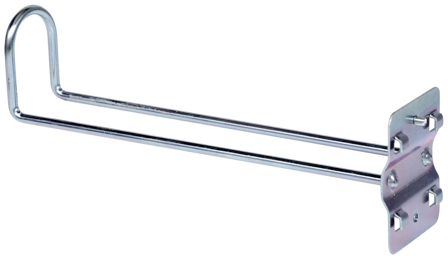 Een verchroomde metalen houder met twee parallel lopende stangen en een gebogen lus aan het uiteinde.