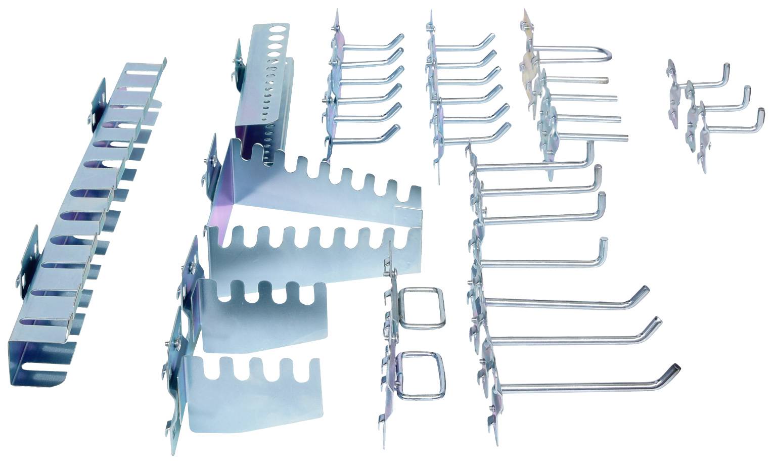 Een verscheidenheid aan metalen kabelhouders in verschillende vormen en formaten, gerangschikt op een witte achtergrond.