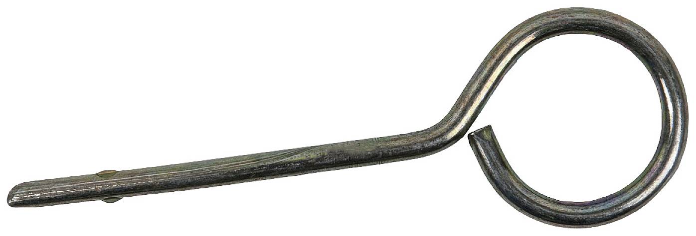 Een metalen veerklem in de vorm van een ronde ring met een lang recht uiteinde, die vaak wordt gebruikt voor het vergrendelen van bouten.