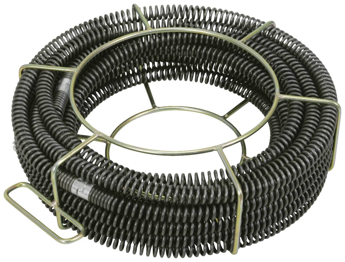 Een metalen spiraalvormige afvoerreinigende kabel, bedoeld voor het reinigen van buizen. Hij heeft een handvat en is opgerold in een frame.