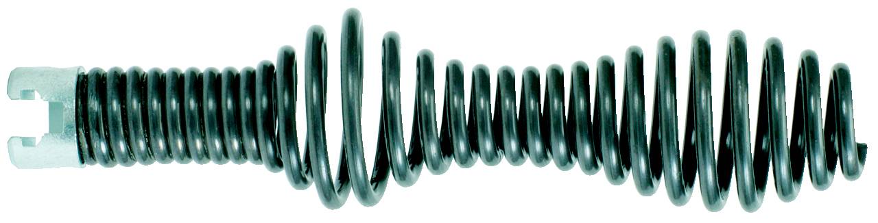 Een zwarte, spiraalvormige metalen veer die smaller wordt van een brede naar een smallere kant.
