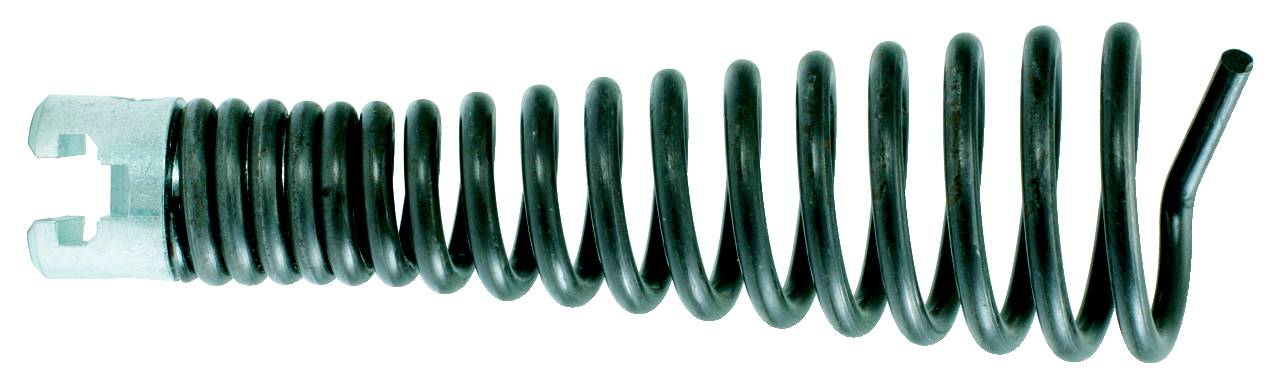 Zwarte metalen veer, cilindrisch gewonden, met aan een uiteinde een lichte buiging. Wordt gebruikt voor mechanische spanningskrachtopslag in apparaten.
