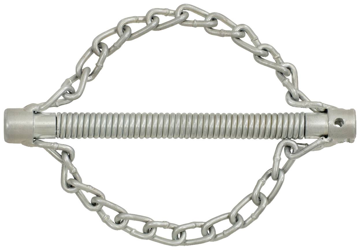 Metalen veer-draaimomentstaaf met ketting, vaak gebruikt in landbouwmachines voor stabilisatie en verankering.