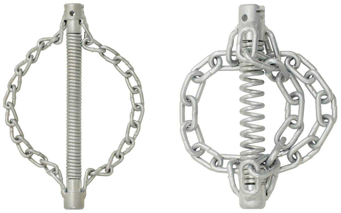 Twee metalen veren met kettingen aan de uiteinden; links is de veer gesloten, rechts geopend.