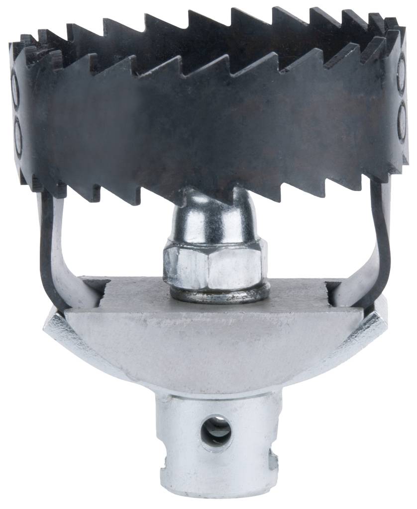 Een metalen gatenpons met getande bladrand, gemonteerd op een boormachineverlengstuk, geschikt voor het maken van grote gaten in hout of metaal.