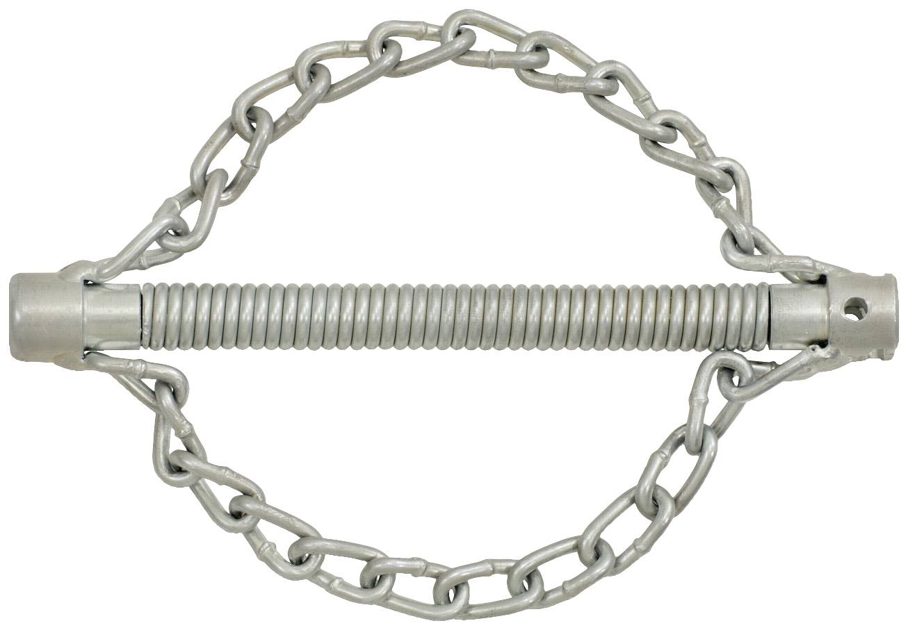 Zilveren metalen veer met omwikkelde ketting, die dienst doet als spaninrichting.