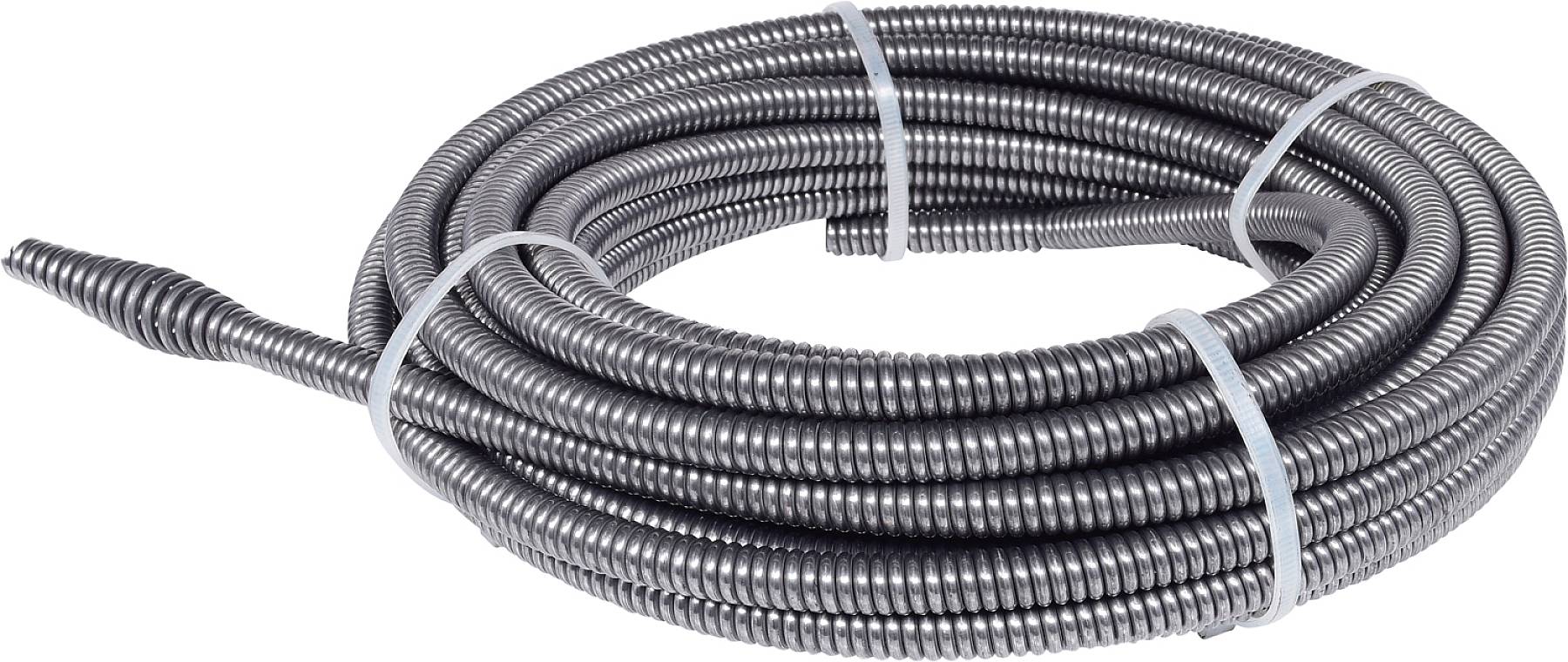 Een opgerolde flexibele metalen spiraal die wordt gebruikt voor buisreiniging of als kabelgeleiding. Hij wordt bij elkaar gehouden door kunststof banden.