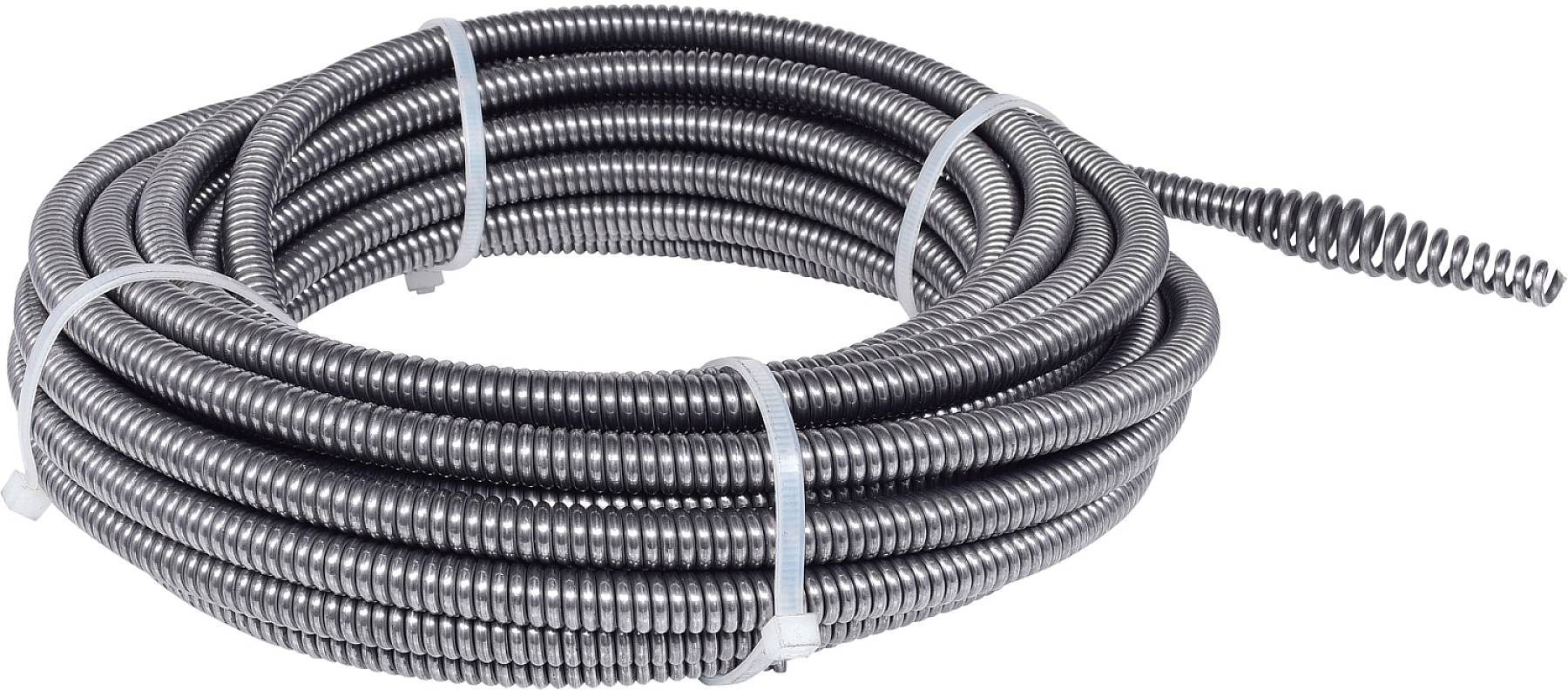 Een grote rol van flexibele, metalen golfbuis, bijeengehouden met witte kabelbinders.