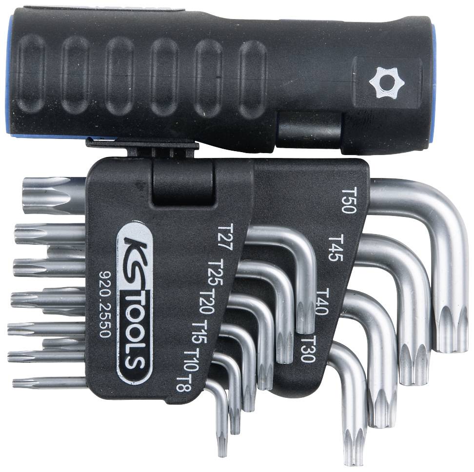 Set Torx-hoekkopsleutel met ergonomische greep, L-vormig, verschillende maten van T8 tot T50, geschikt voor schroeftoepassingen.