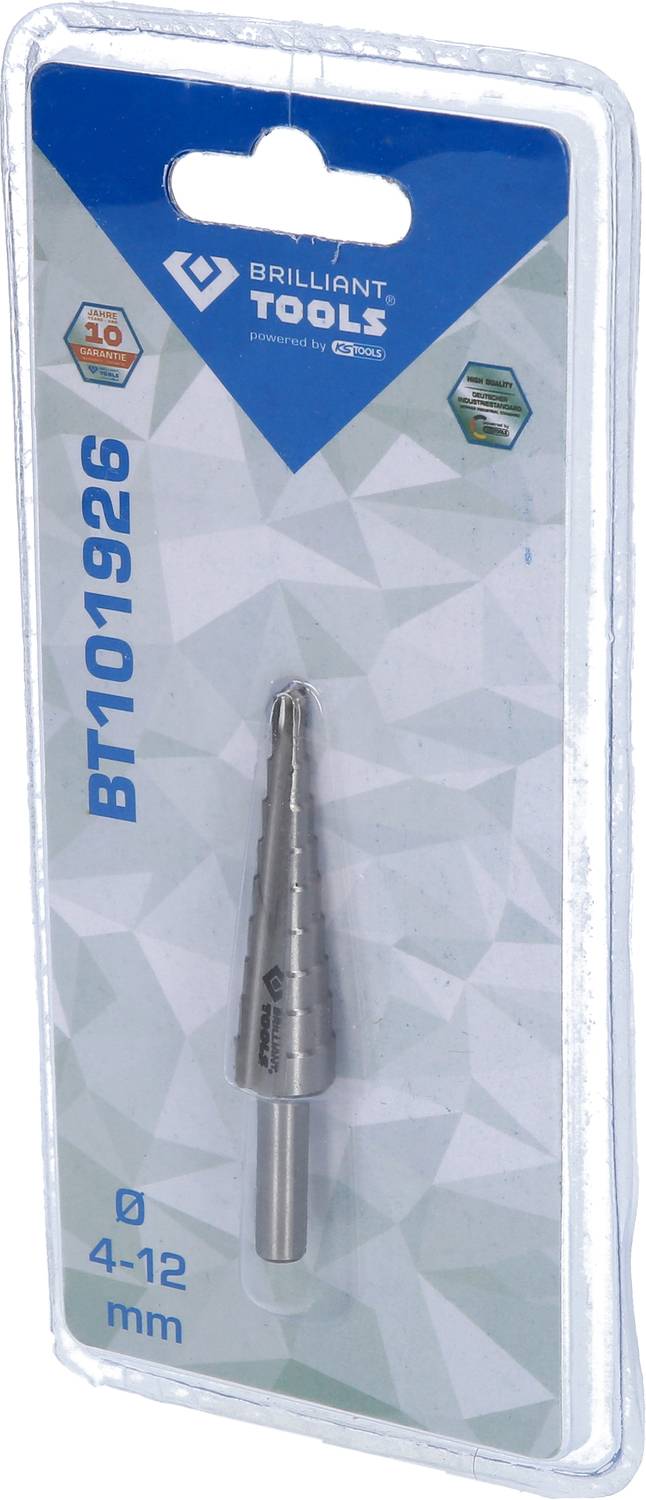 Verpakt stappenboorset van Brilliant Tools, model BT01926. Op de verpakking staat: Diameter 4-12 mm.