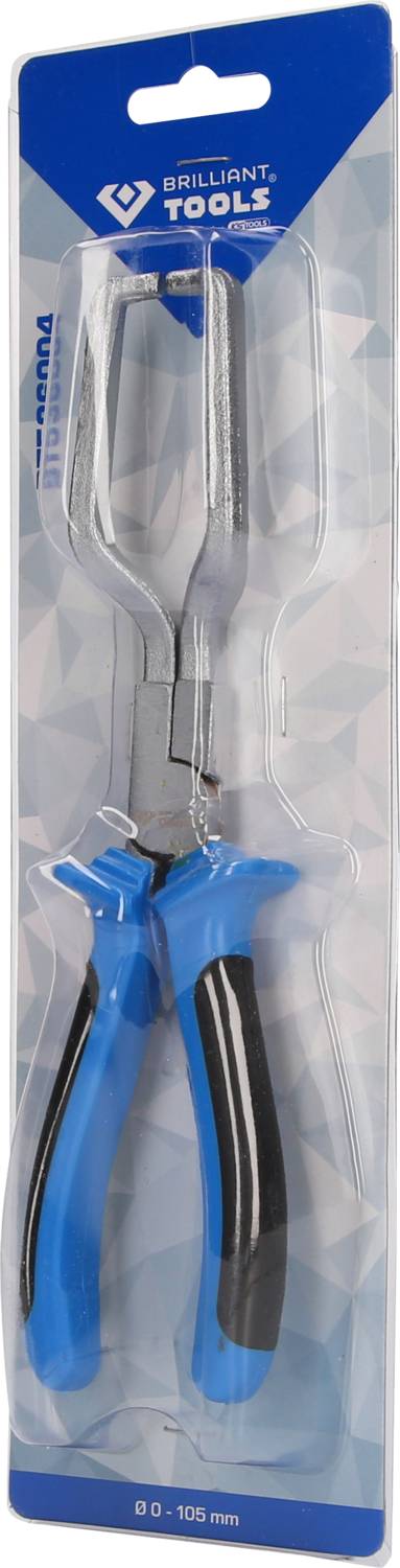 'Brilliant Tools' combinatietang in verpakkingsontwerp. Tang met blauwe en zwarte handgrepen op grijze achtergrond.