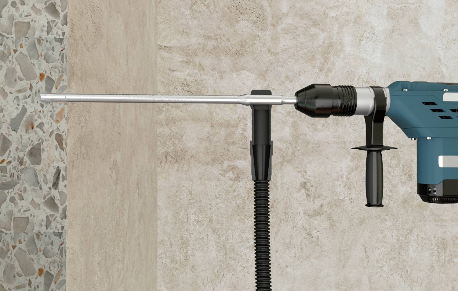 Boormachine in een muur, boor wijst naar links, steungreep vastgehouden. Apparaat klaar om te boren in betonnen muur.