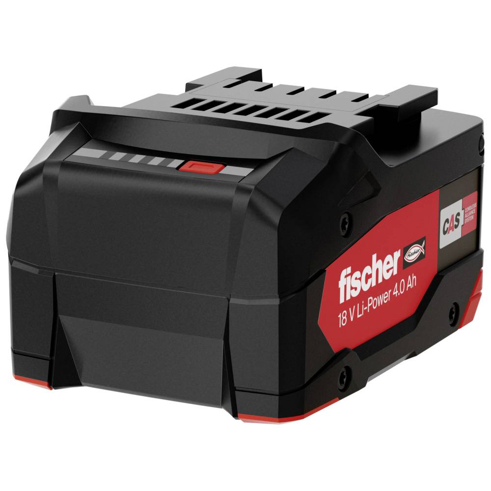Zwarte en rode accustroomvoorziening met de tekst 'fischer 18V Li-Power 4.0 Ah'. Deze is geschikt voor gereedschappen en elektrische apparaten.