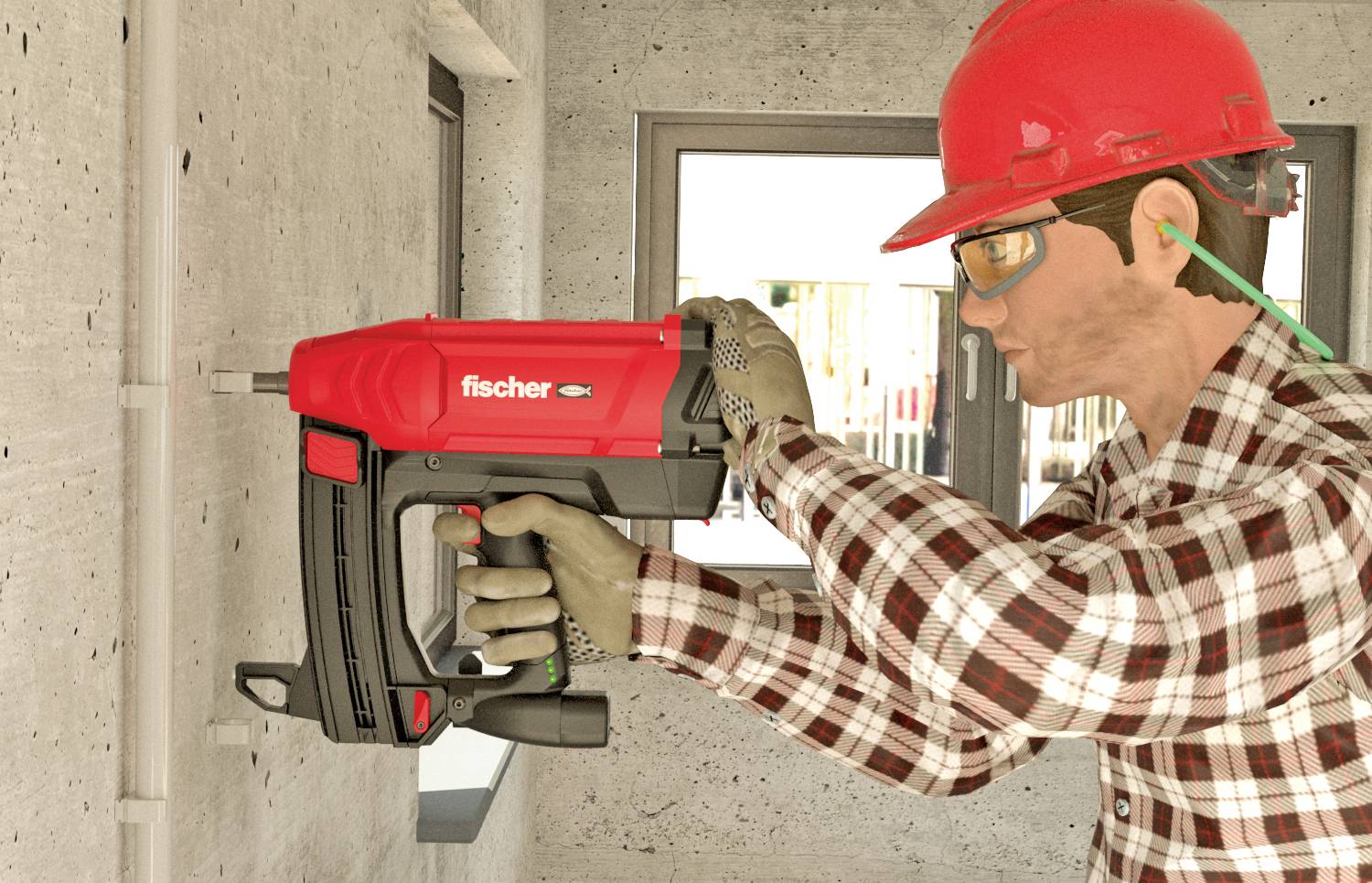 Arbeider met veiligheidshelm en bril gebruikt een rood apparaat bij een betonnen muur. Achtergrond is een bouw- of renovatiescenario.