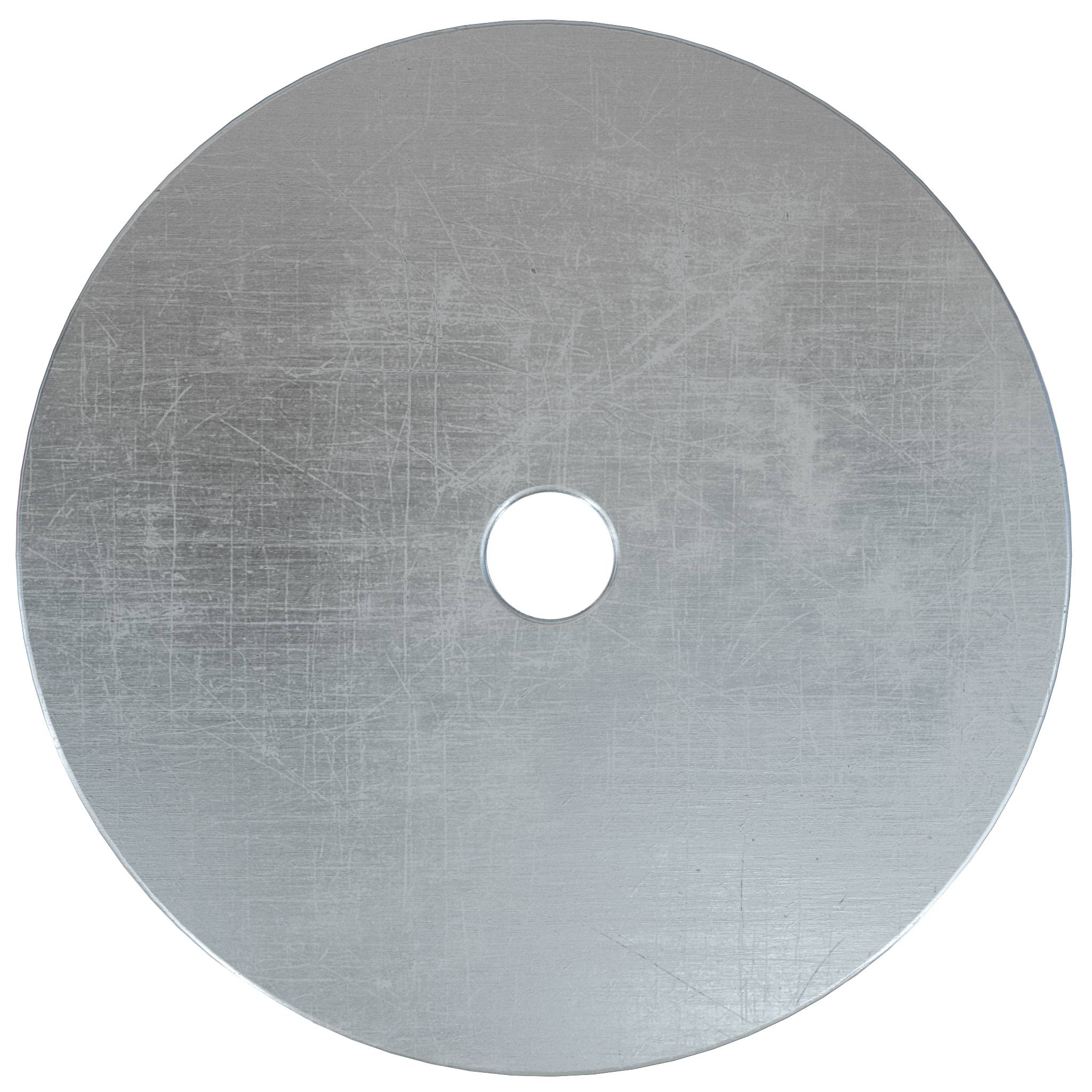 Glanzende zilvergrijze metalen schijf met een klein centraal gat, van bovenaf bekeken op een witte achtergrond.
