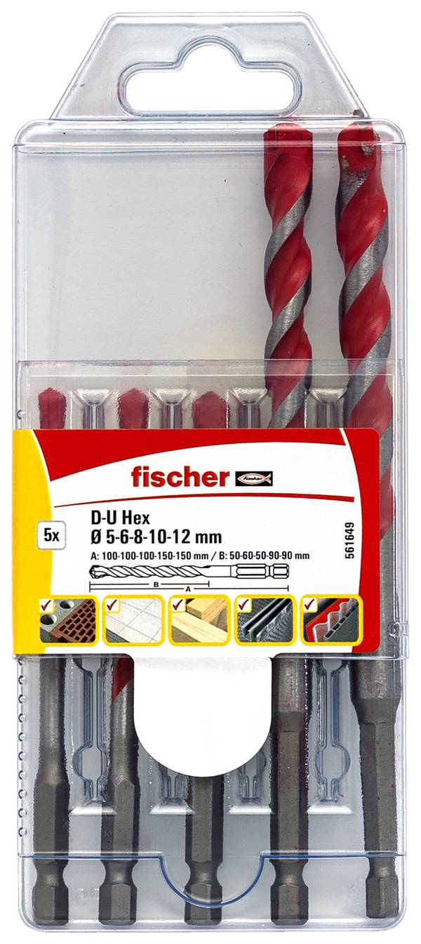 Fischer D-U Hex Set 5-12 mm 561649 Universeel boorassortiment  5-delig Metaal, Steen, Beton, Hout, Metselwerk 5 mm, 6 mm, 8 mm, 10 mm, 12 mm
