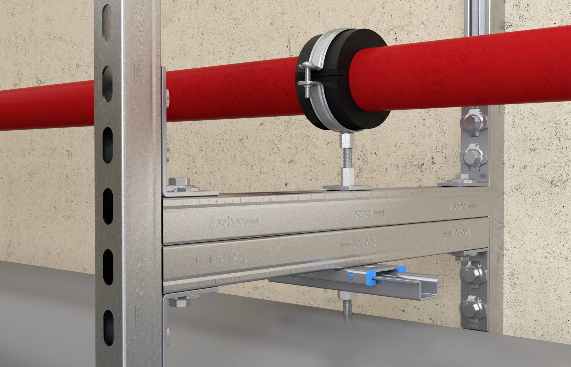 Een buisvormig bevestigingssysteem in een gebouw toont een rode pijpleiding die met klemmen is bevestigd aan een metalen constructie.