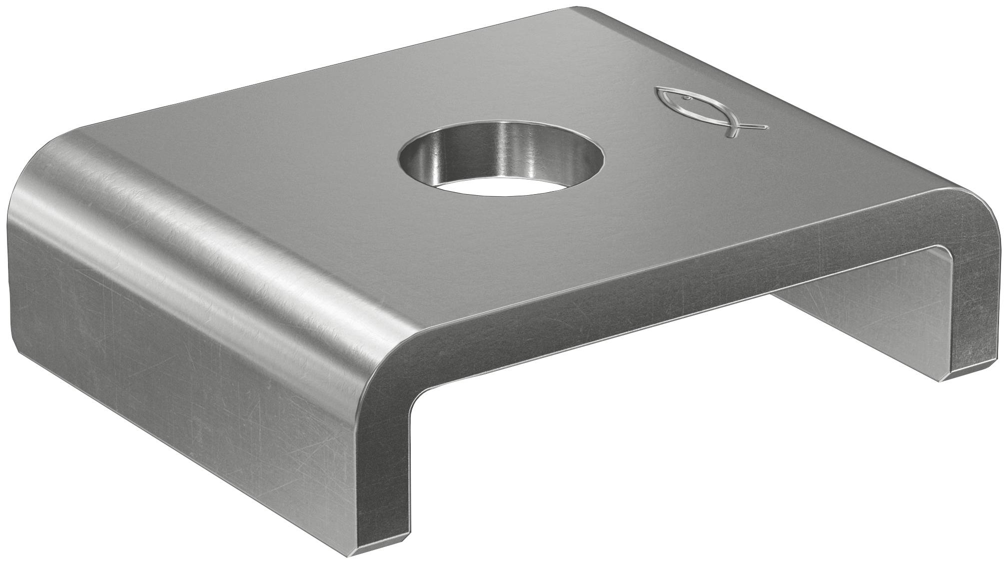 Metalen U-vormige bevestigingsbeugel met een centraal circulair gat, weergegeven in zilver op een witte achtergrond.