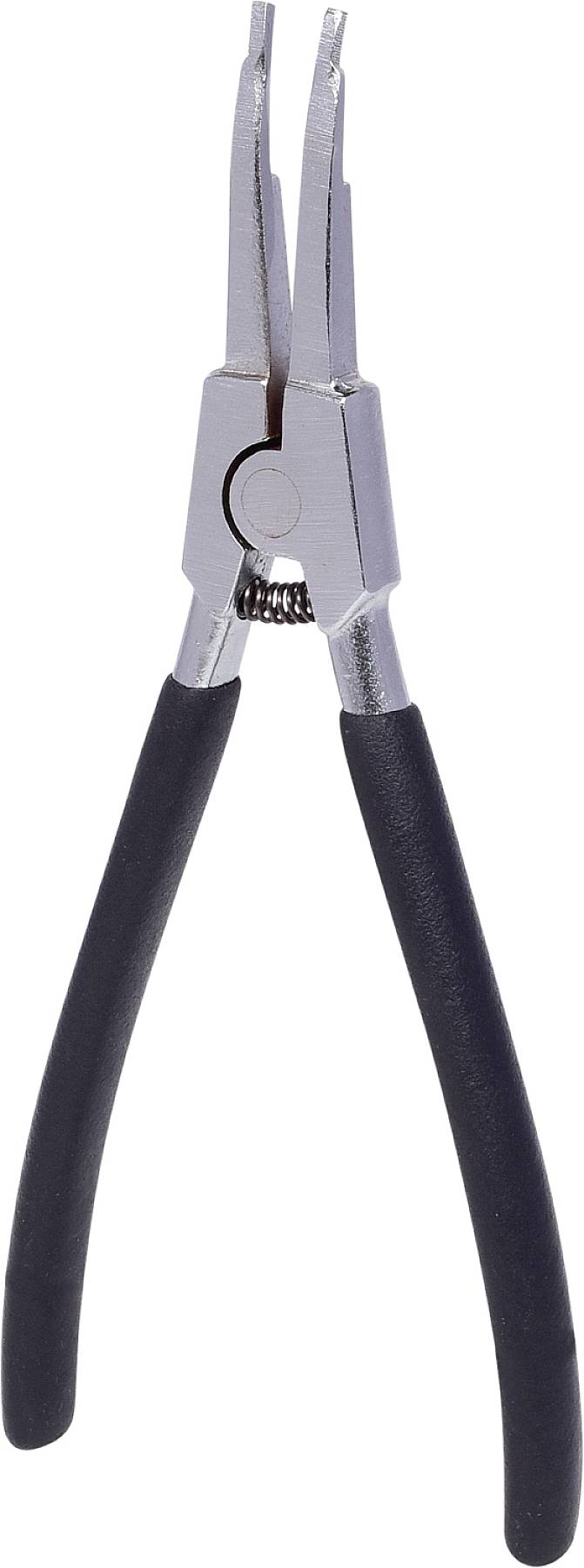 Een puntige tang met zwarte rubberen handgrepen en metalen bekken, geschikt voor het grijpen en buigen van draden.