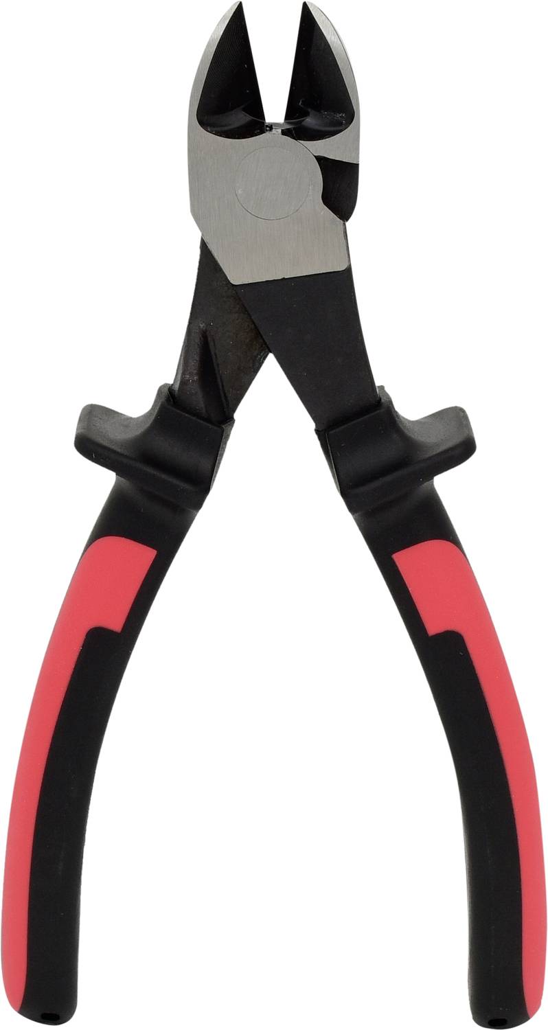 Zijkniptang met rood-zwarte handgrepen, gebruikt voor het knippen van draad.