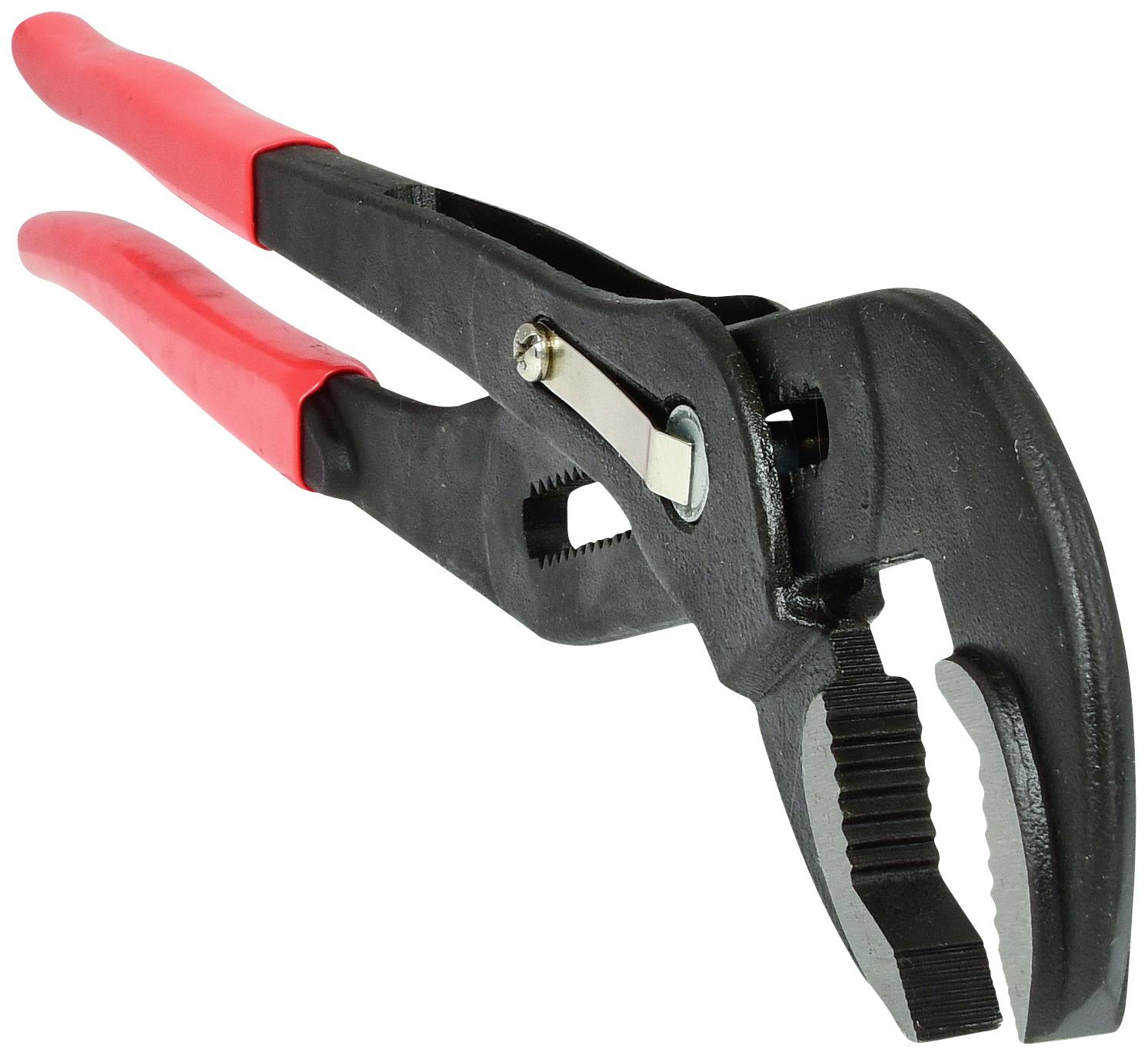 Antislip waterpomptang met rode handgreep, getande bekken voor een stevige grip.