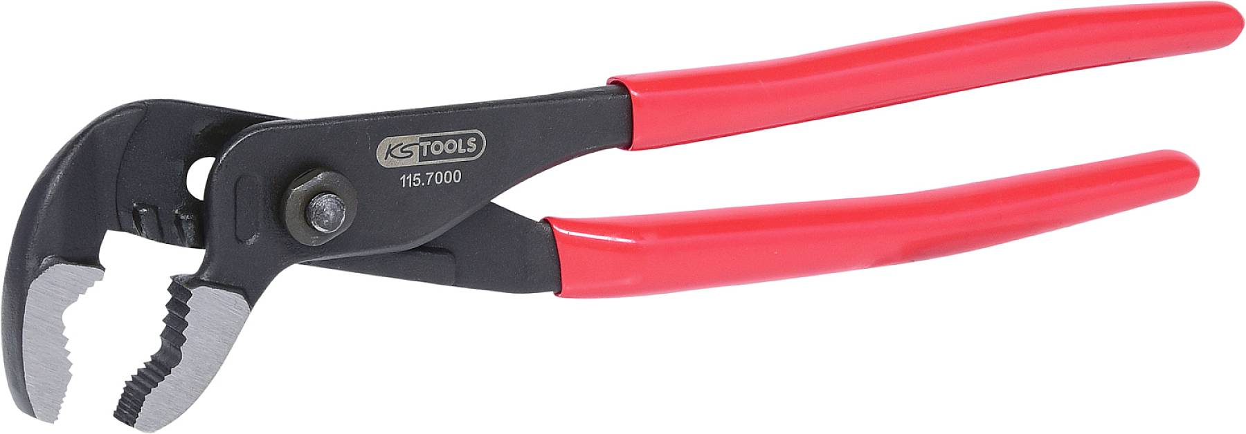 Een rode pijptang met zwarte bekken ligt op een witte achtergrond. Hij wordt vaak gebruikt voor installatiewerkzaamheden.
