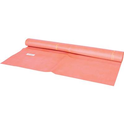 Een uitgerold rood tapijt met een rechthoekig etiket, plat op een oppervlak, klaar voor gebruik.