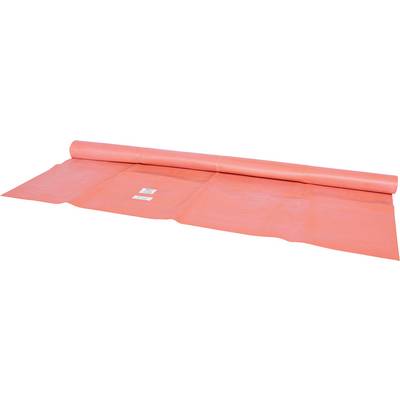 Een opgerolde rol van rood kunststofmateriaal ligt op een tafel.
