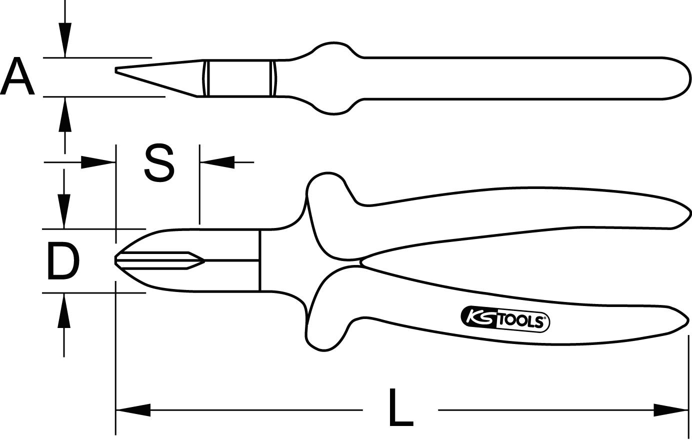 'Diagram van een combinatietang met maten: A, S, D, L. Markeringen tonen de afmetingen in zij- en bovenaanzicht.'