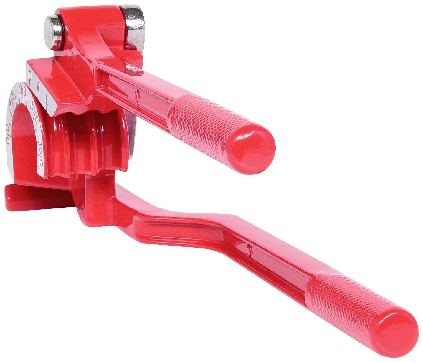 Een rood buiggereedschap met twee handgrepen, dat wordt gebruikt voor het handmatig buigen van metalen buizen. Het ligt op een witte achtergrond.
