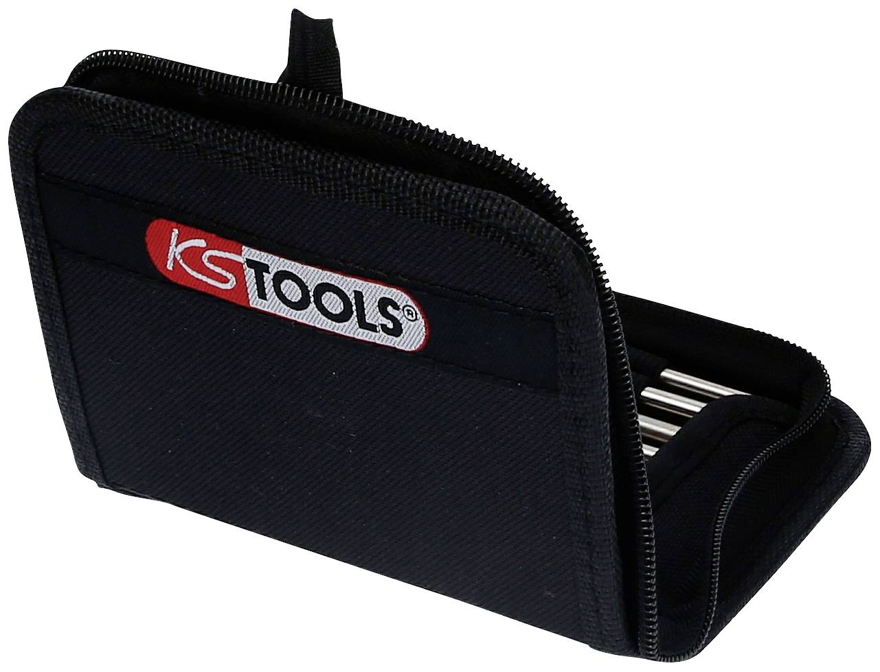 Klein, zwart etui met rits, gedeeltelijk geopend, toont aan de zijkant verschillende zilveren gereedschappen. 'KSTOOLS' logo aan de buitenkant.