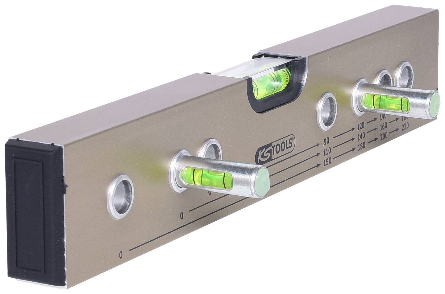 Waterpas met drie libellen voor het meten van horizontale en verticale vlakken, geschikt voor precisiewerkzaamheden in de bouw en klussen in huis.