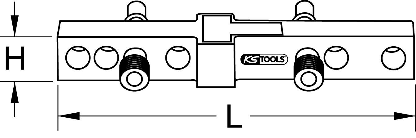 Tekening van een gereedschap met aanduiding van lengte en hoogte. Het gereedschap heeft twee bouten die verticaal uitsteken.