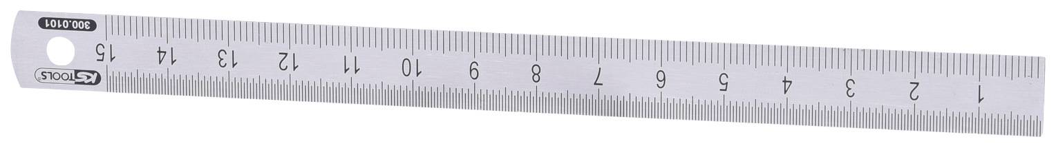 Metalen liniaal met centimeter- en millimeterverdeling van 1 tot 15.