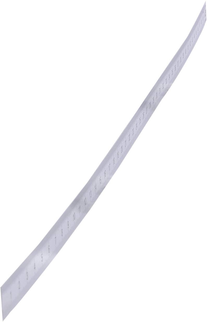 Een lang, gebogen meetlint van metaal met metrische markeringen, toont centimeters en millimeters.