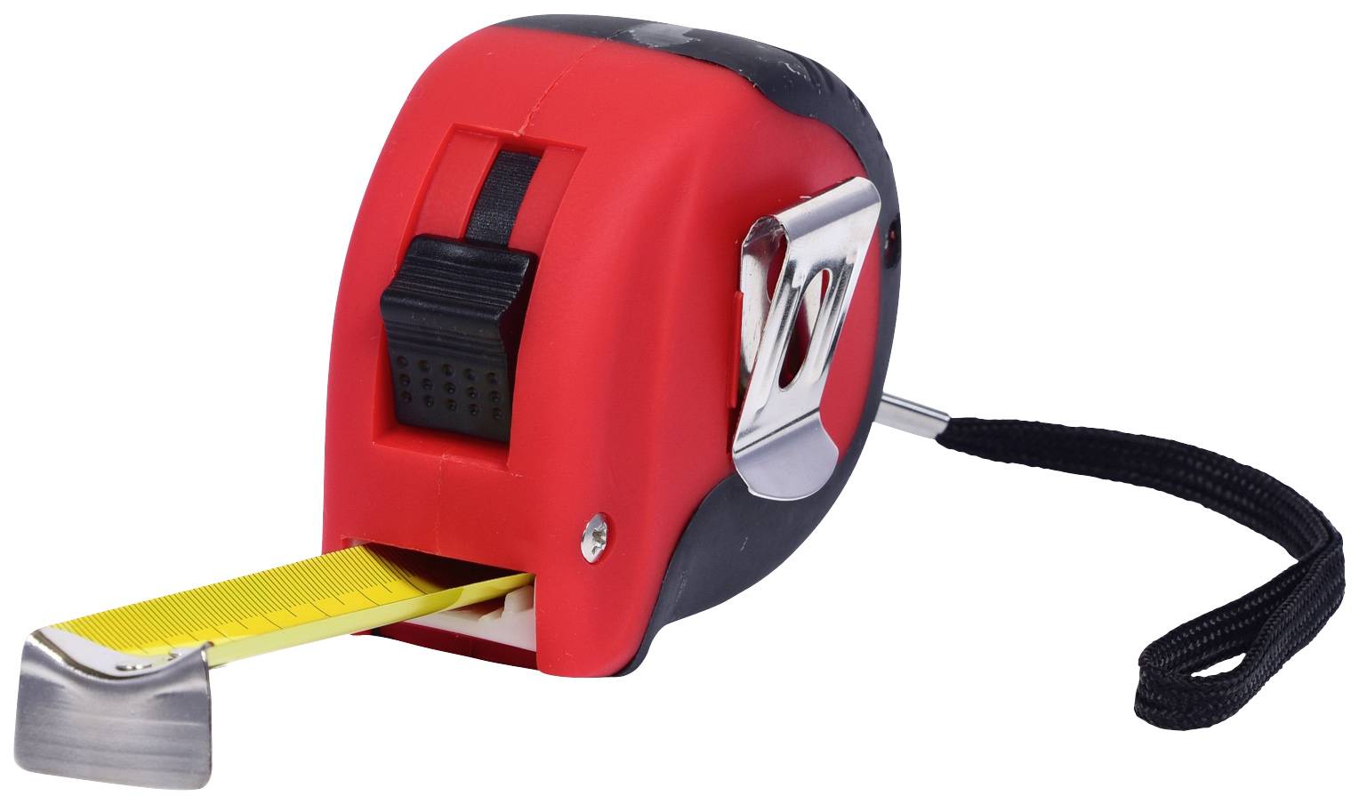Rood meetlint met een zwarte handgreep en een geel uitgetrokken lint, met centimeter- en duimmarkeringen.