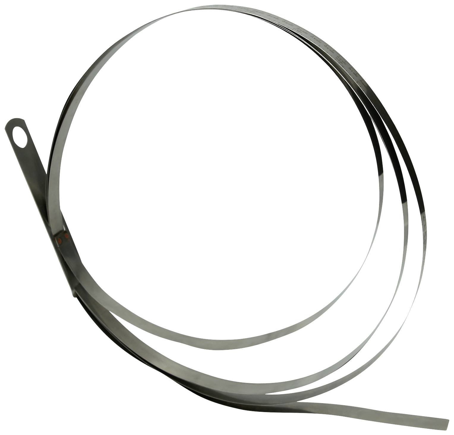 Een enkele, lange roestvrijstalen band, opgerold in twee lussen, met een gat aan het uiteinde voor bevestigingsdoeleinden.