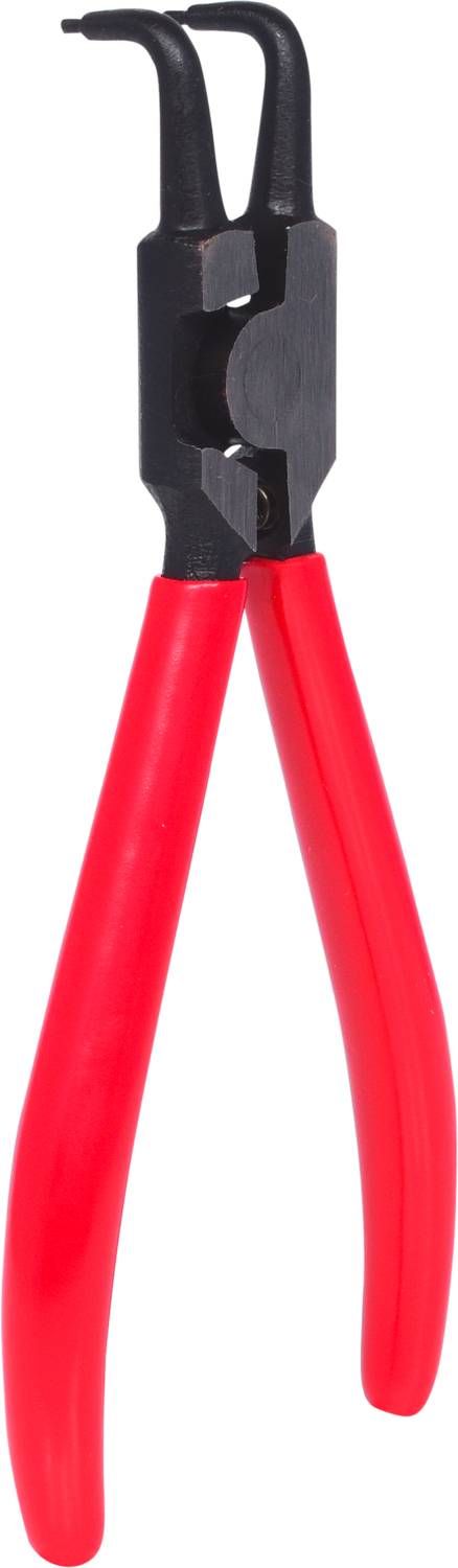 Rode tang met gebogen handgrepen en zwart hoofd. Gereedschap voor het bevestigen van verbindingsstukken of moeilijk bereikbare onderdelen.
