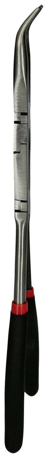 Tandheelkundig instrument, mat zilver met zwarte handgreep en rode streep, gebogen punt, mogelijk voor extractie.