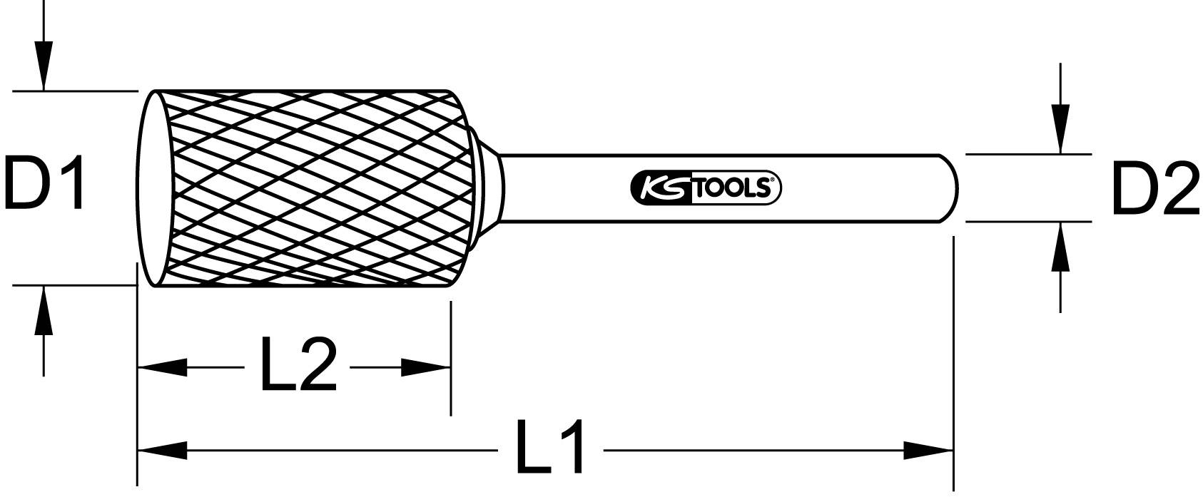 'KS TOOLS' Freesstift-diagram met maatvoeringen: Diameter D1, lengte L1 en L2, evenals D2-diameter aan de punt.