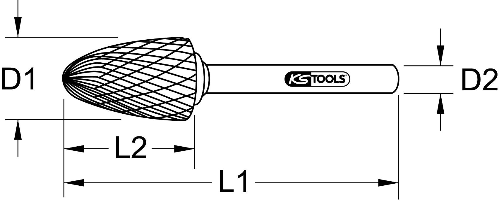 Technische tekening van een frees met de afmetingen D1, D2, L1 en L2. Het merk 'KS Tools' is zichtbaar op de schacht.