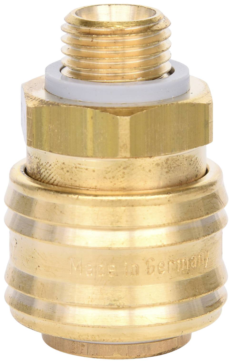 Messing snelkoppeling met schroefdraadaansluiting, gemerkt met 'Made in Germany'. Gebruikt voor perslucht- en hydraulische systemen.