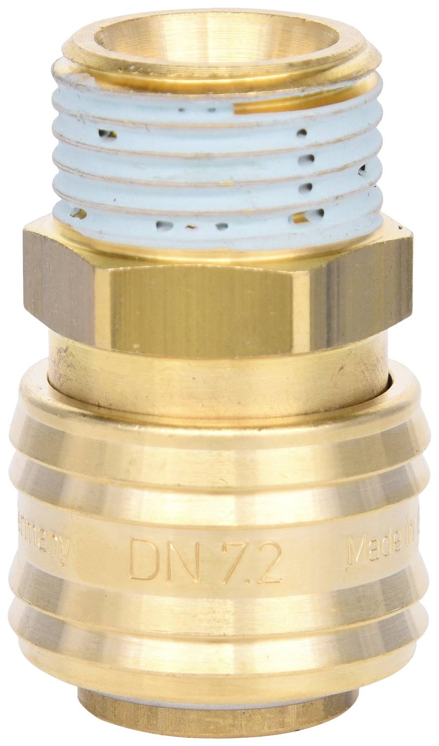 Een messing verbindingsstuk met een blauwe afdichting en de aanduiding 'DN 7.2', geschikt voor industriële toepassingen.