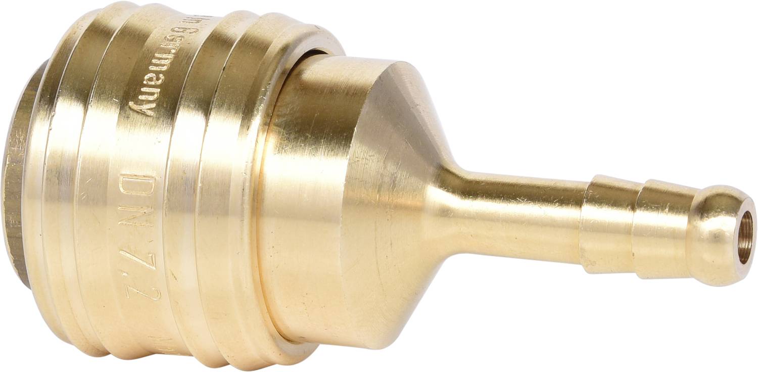 Gouden snelsluitende metalen koppeling met een gladde oppervlakte en groeven. Geschikt voor pneumatische systemen en verbindingen.
