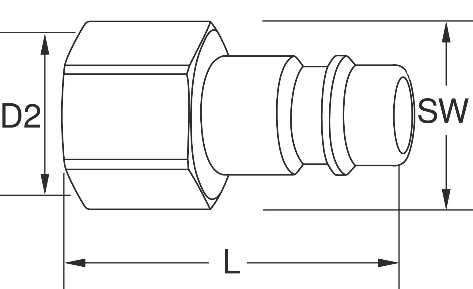 Technische tekening van een aansluitstuk met aanduidingen voor diameter (D2), steeksleutelwijdte (SW) en lengte (L).