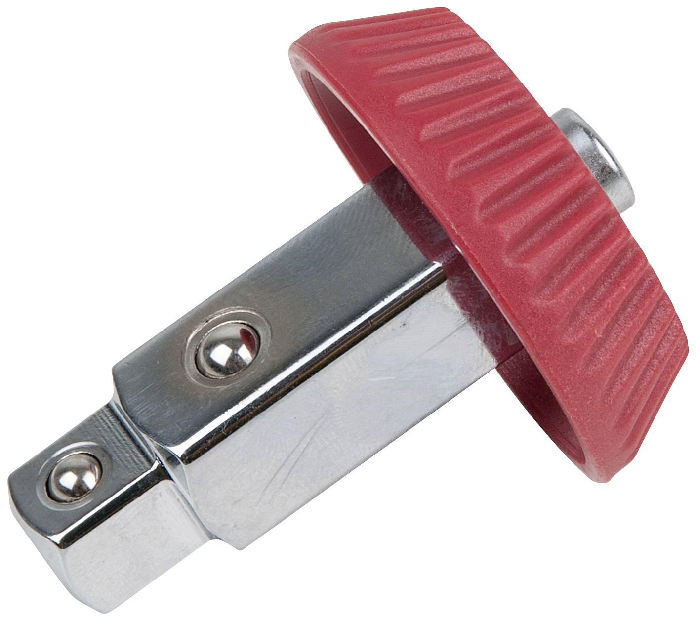 Een zilveren metalen gereedschap met een rode, gegroefde kunststof handgreep voor een betere grip. Voornamelijk gebruikt voor mechanische werkzaamheden.